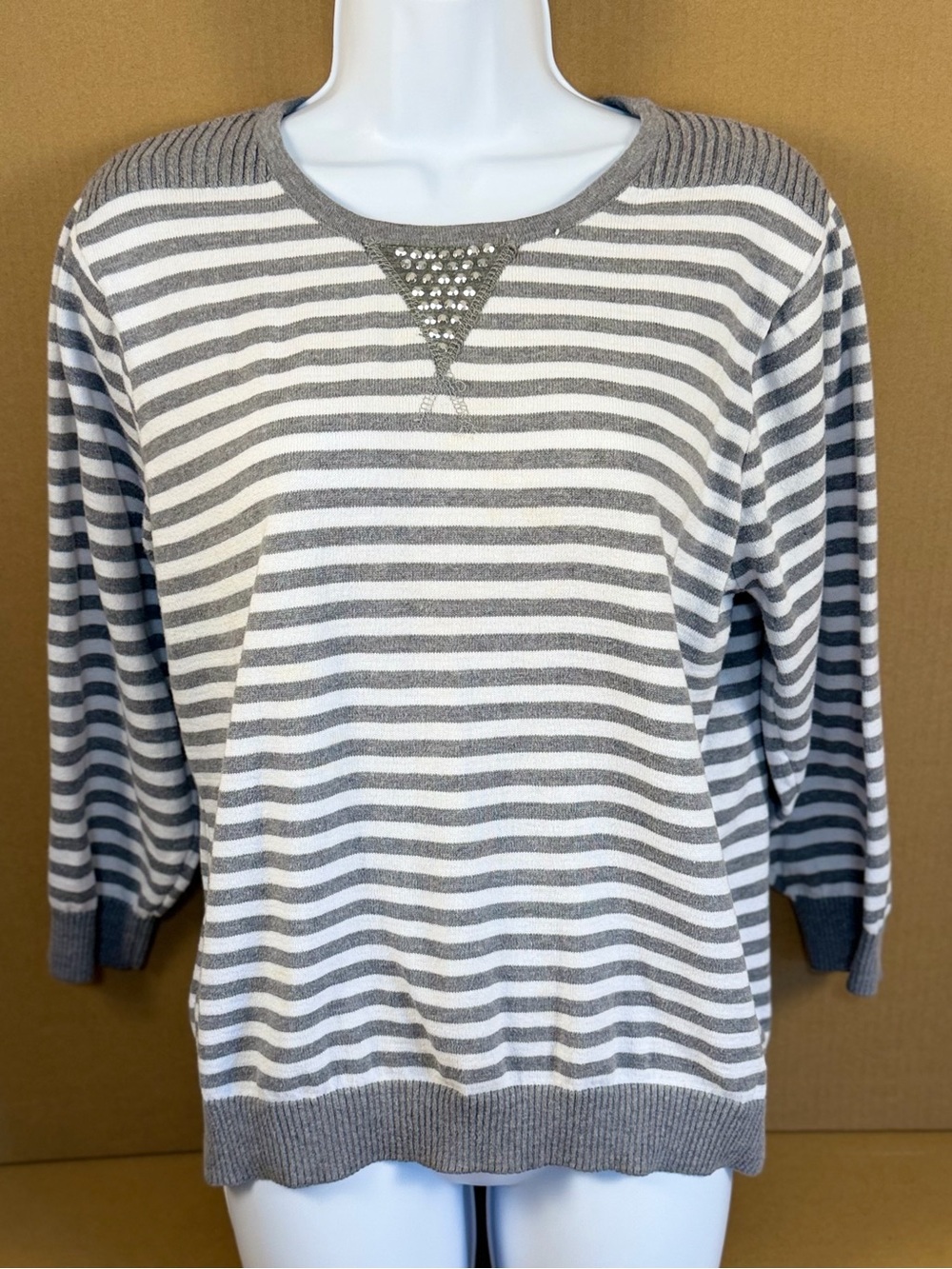 Cathy Daniels Gray & White Striped Scoop Neck Sweater with Rhinestone Accent